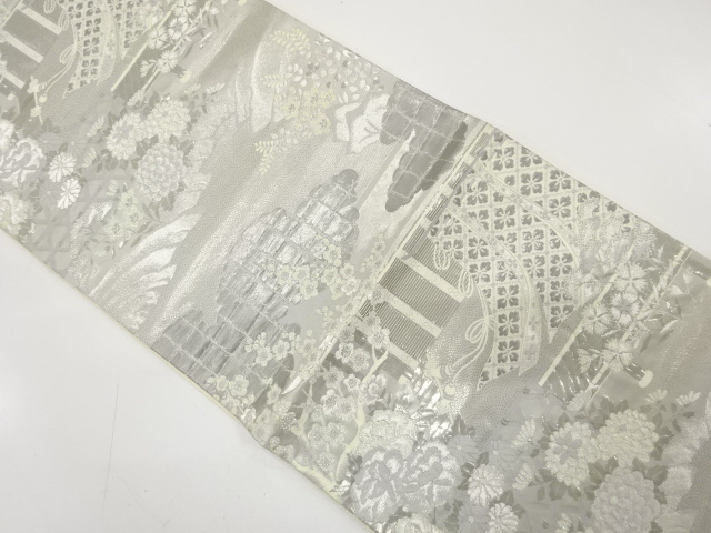 アンティーク　プラチナ箔　京名所模様織り出し袋帯（材料）